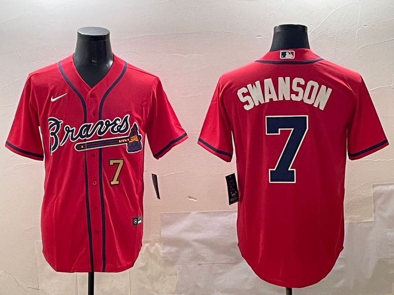 Men Atlanta Braves 7 Swanson Red Game 2025 Nike MLB Jersey style 2